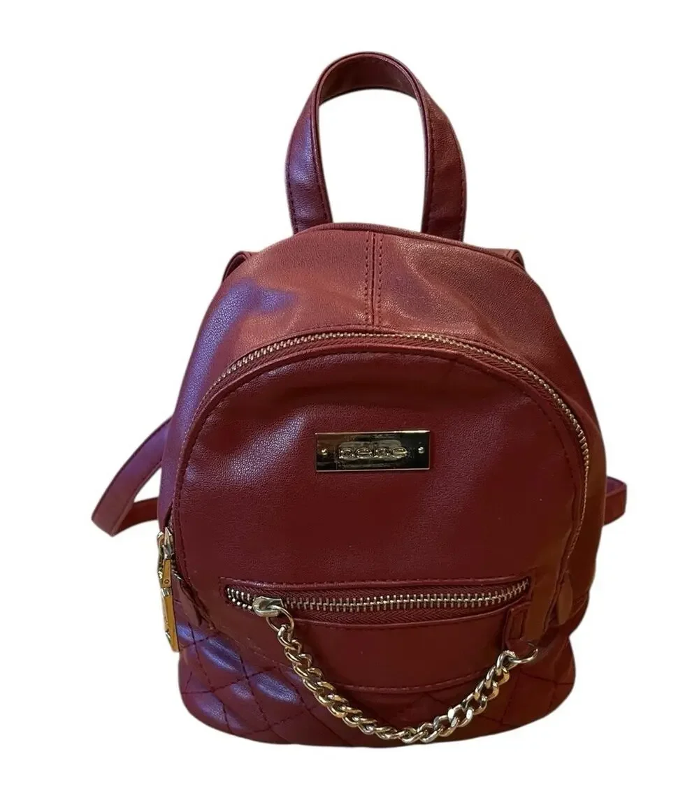 BEBE Burgundy Faux Leather Quilted Mini Backpack Purse w Gold Chain Gianna Baby
